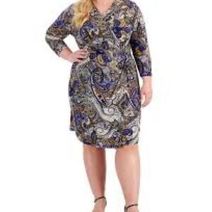 Kasper Blue and Cream Paisley Long Sleeve Dress
